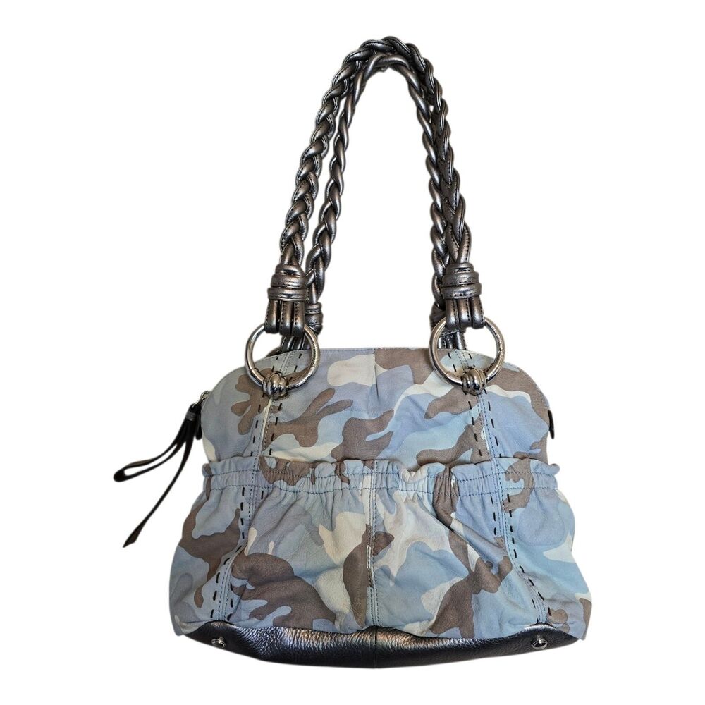 B Makowsky Caroline Blue Camo Leather Shoulder Bag Braided Silver Strap Handbag